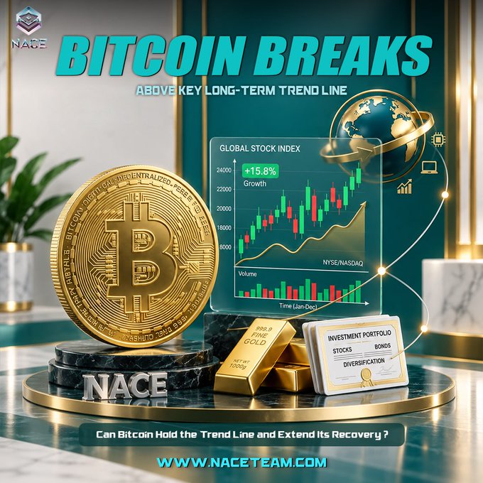 A promotional graphic from NACE features a large golden Bitcoin coin alongside a "Global Stock Index" chart showing +15.8% growth on NYSE/NASDAQ and an investment portfolio card with stocks, bonds, and gold, headlined "BITCOIN BREAKS ABOVE KEY LONG-TERM TREND LINE" and asking "Can Bitcoin Hold the Trend Line and Extend Its Recovery?"