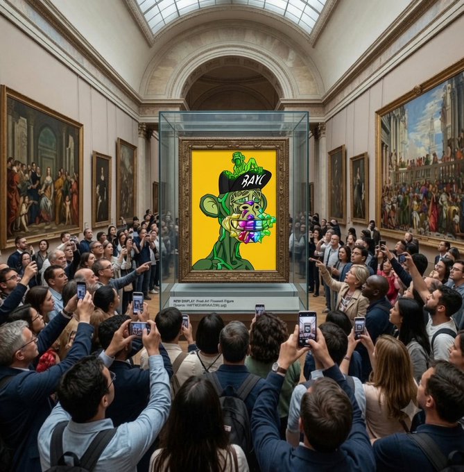 A crowded museum gallery where visitors photograph a colorful cartoon-style artwork displayed in a glass case between classical paintings.