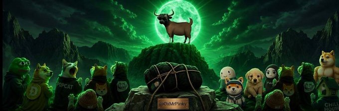 A wide illustration showing various crypto-themed mascots including Doge, Popcat, and a goat standing on a hill before a glowing green moon, with an '@OxMrPinky' watermark visible.