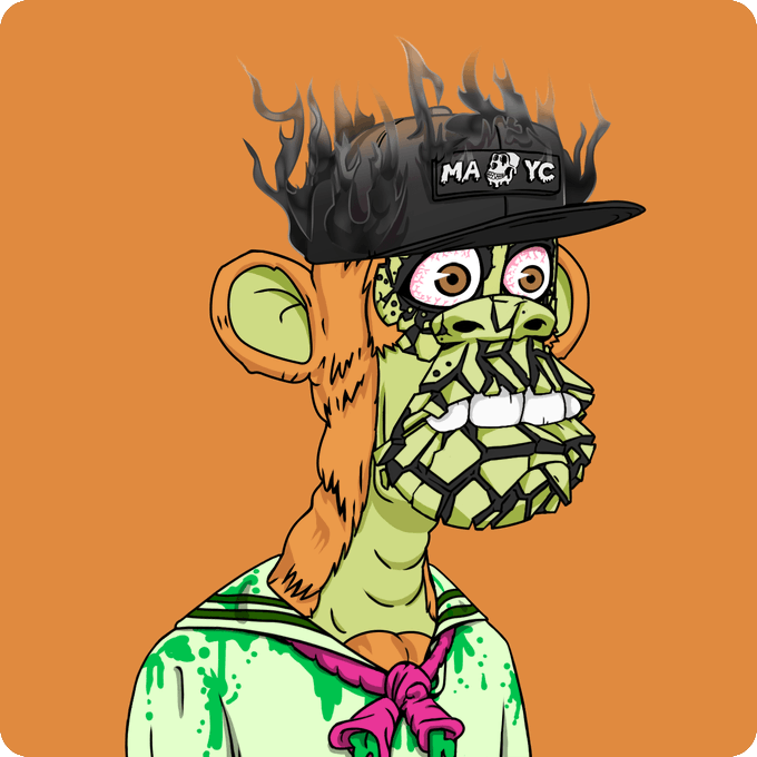 A cartoon Bored Ape-style character with orange fur wears a flame-topped "MAYC" cap and a green blood-splattered shirt with a pink tie.