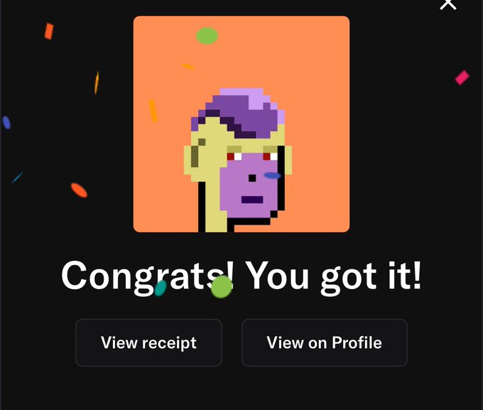 A pixel-art Golden Frieza NFT on an orange background with confetti, featuring the text "Congrats! You got it!" and buttons to "View receipt" or "View on Profile," commemorating the $ZAIBATSU collection's recent purchase of a Golden Frieza NFT for $360 as mentioned in the tweet.
