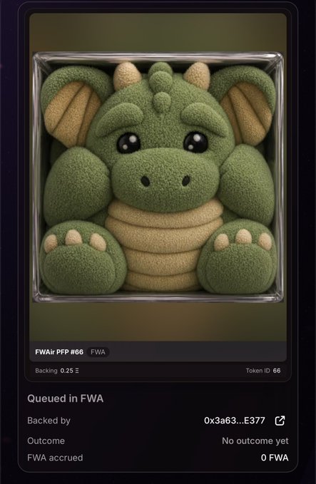 A digital NFT-style collectible card displaying a cute green dragon-like plush toy labeled "FWAir FPP #66 FWA," with metadata showing it is queued in FWA and backed by 0x3a63...E377.