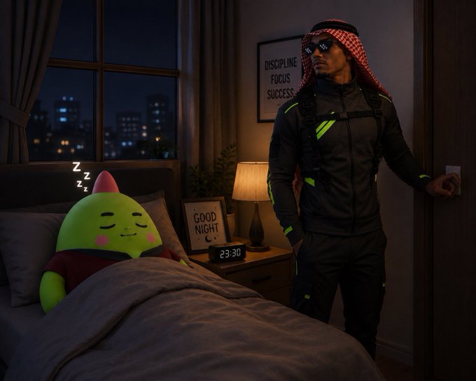A man dressed in tactical gear with a keffiyeh and sunglasses stands at a light switch beside a bed where a green Sleepagotchi plush toy sleeps, with a nightstand clock reading "23:30," a "GOOD NIGHT" sign, and a framed "DISCIPLINE FOCUS SUCCESS" poster completing the scene that ties into the post about the Sleepagotchi app update.