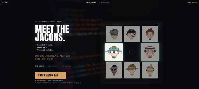 A website interface for 'JACON' displaying 'MEET THE JACONS', featuring a grid of nine unique NFT avatar characters with one highlighted.
