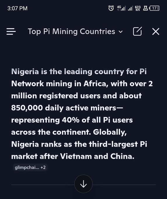 A mobile screenshot from a thread titled "Top Pi Mining Countries" highlights Nigeria as Africa's leading Pi Network mining country, with over 2 million registered users and 850,000 daily active miners, making up 40% of all Pi users on the continent. The post underscores Nigeria's significant position in the global Pi market, ranking third worldwide behind Vietnam and China, emphasizing the country's dominance in Pi cryptocurrency mining activity.