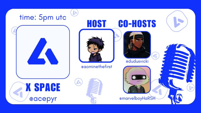 The image features a poster for a podcast called "@acepyr" with three different cartoon characters representing hosts, co-hosts, and fans of the show. The poster also includes social media handles such as "@xspace", "@acepyr", and "@amavoy". The text on the poster emphasizes that the podcast is open to anyone interested in discussing the same interests.