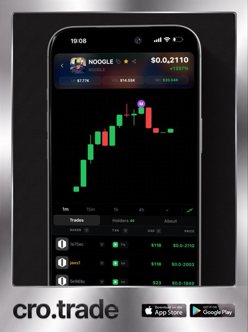 A promotional mockup of the cro.trade app showing a trading chart for a memecoin called "NOOGLE" (NOOGLE token), displaying a price of $0.0.2110 with a +1337% gain and recent trades by 1e7sec, jaws1, and 5e968c.