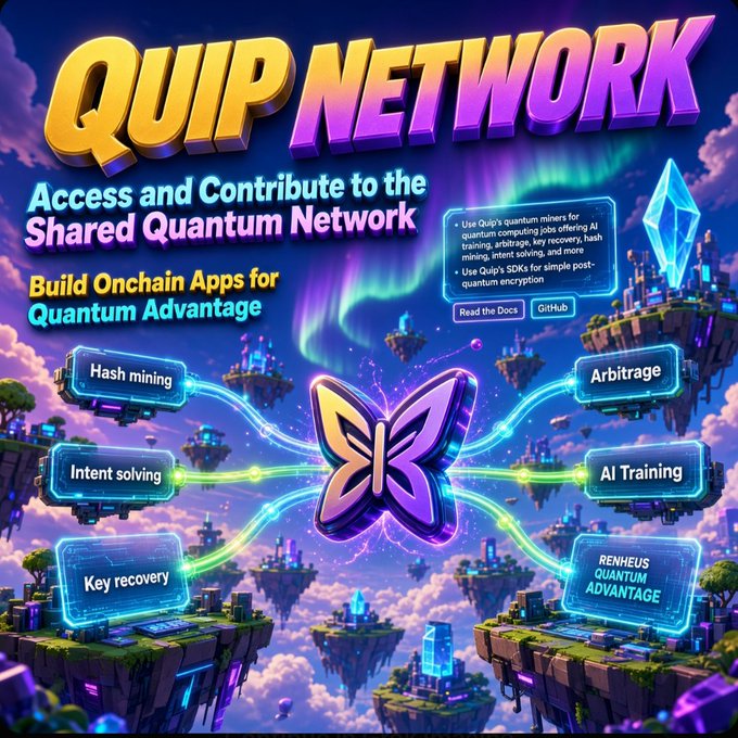 Promotional graphic for 'QUIP NETWORK' advertising access to a shared quantum network for onchain apps, highlighting features like hash mining, arbitrage, AI training, and key recovery.