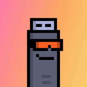 A pixel art illustration of a USB flash drive against a gradient pink and orange background.