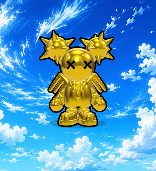 A golden, metallic cartoon-style character with X-shaped eyes, wings, and two star-shaped heads attached to the sides, set against a blue sky with clouds.