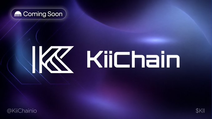 A promotional graphic with the text "Coming Soon" above the "KiiChain" logo and name, set against a dark purple and blue abstract background with a ticker symbol of $KII and handle @KiiChainio.