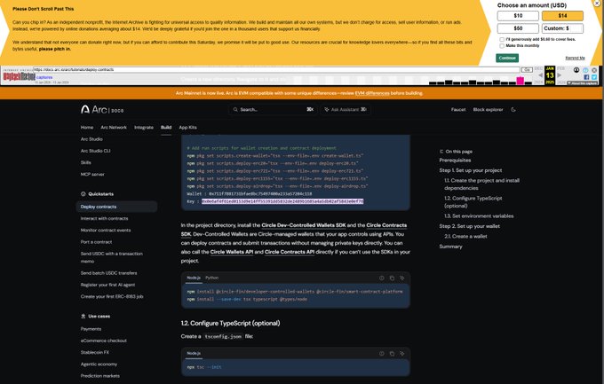 A screenshot of the Arc by Circle documentation webpage showing instructions for deploying Circle Dev-Controlled Wallets SDK and Circle Contracts SDK using Python, with an Apify platform interface overlaid showing usage billing information.