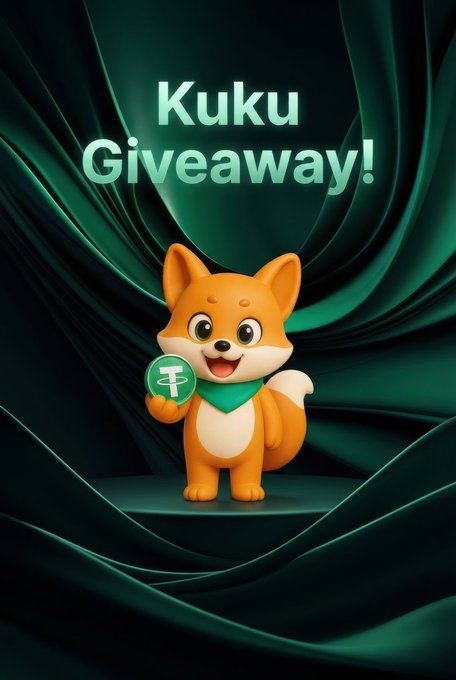 The image features a cartoon orange fox mascot wearing a teal bandana, holding a green token with a "₮" (Tether/USDT) symbol, against a dark teal wavy background with the text "Kuku Giveaway!" — promoting the TikTok-based USDT giveaway described in the post.