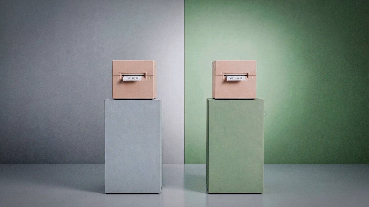 The image features two square boxes, one pink and one green, placed side by side against a gray wall. The pink box has a small window on top of it, while the green box does not have any windows or other distinguishing features. Both boxes are identical in size and color, making them visually similar to each other.