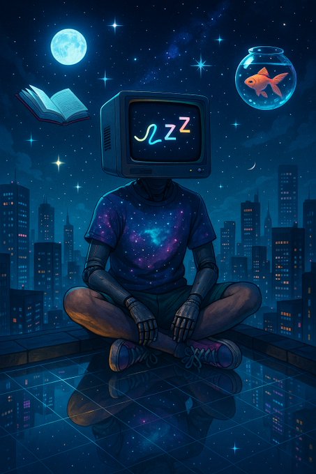 A meditating humanoid figure with a TV for a head sits cross-legged on a rooftop under a starry night sky, surrounded by floating objects including a moon, an open book, and a goldfish bowl, while glowing "Zzz" text trails from the screen—symbolizing the fusion of sleep, imagination, and urban solitude, fitting the post's "good night" theme.