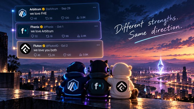 An illustration of three cartoon figures wearing jackets branded 'Arbitrum,' 'Fhenix,' and 'Fluton' overlooking a futuristic city, accompanied by social media posts stating 'we love FHE,' 'we love Arbitrum,' and 'we love you both,' with the caption 'Different strengths. Same direction.'