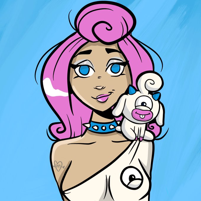 A cartoon illustration of a smiling woman with bright pink hair styled in a high bun, holding a small pink rabbit-like creature on her shoulder against a blue background.