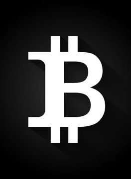 A stark black background displays the white Bitcoin (₿) symbol casting a long shadow, directly visualizing the "BTC" ticker mentioned in the breaking news post about its price reaching $87,000.
