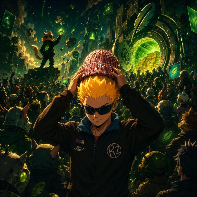 An anime-style character with spiky yellow hair, sunglasses, and a knit beanie pulls the hat down over his head, surrounded by a crowd of creatures and a cat holding a green gem on a throne in the background, visually representing the "$WIF" hat discovering its holders as the next culture coin alongside the $CASHCAT mascot.