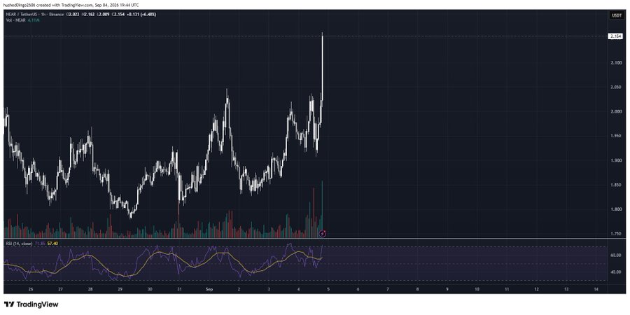 A TradingView chart of Hbar (USDT) on Binance showing a 1-hour price chart with a notable price spike, including RSI (14) indicator at 57.40 in the panel below.