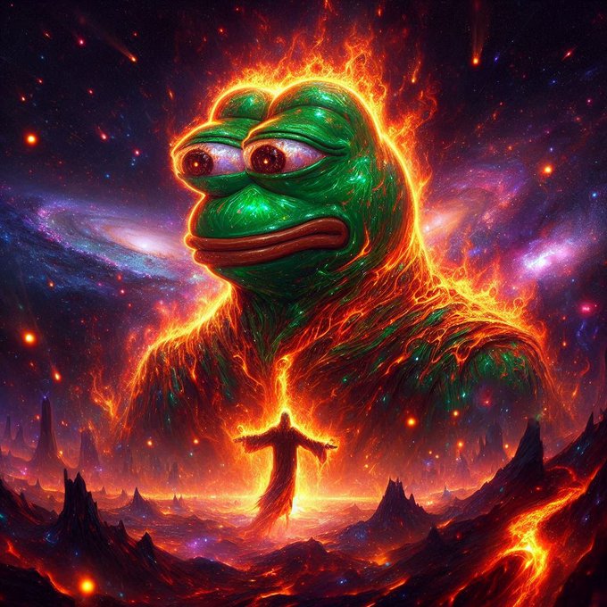 A dramatic cosmic illustration features a giant, fiery Pepe the Frog head floating in a starry space above a silhouetted figure in a lava-filled alien landscape.