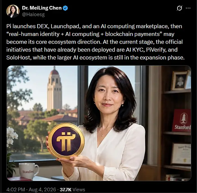 A screenshot of an X post by 'Dr. MeiLing Chen @Haioesg' dated Aug 4, 2026, discussing Pi launches DEX and AI computing, accompanied by an image of a smiling woman holding a gold Pi coin in front of a Stanford campus background.