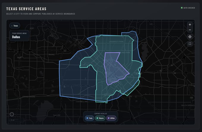 A dark-themed interactive map of the Texas Service Areas displaying overlapping geofence boundaries for Dallas, comparing Tesla (blue), Waymo (green), and AVRide (purple) service zones in the Dallas-Fort Worth area, including suburbs like University Park, Highland Park, Irving, and Cockrell Hill. The image illustrates the newly live geofence data on the texasavtracker.com platform, allowing users to view and compare autonomous vehicle service boundaries across cities.