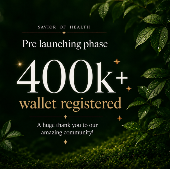 A nature-themed announcement graphic for "Savior of Health" celebrates surpassing 400K+ registered wallets during the pre-launch phase, thanking the community with elegant typography overlaid on lush green leaves and moss, reinforcing the post's milestone update and health-focused branding.