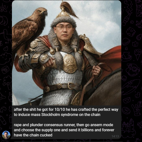 A humorous edited image shows a man in Mongolian warrior armor with an eagle on his arm, accompanied by crude text about 'Stockholm syndrome on the chain' and a timestamp of 14:13.