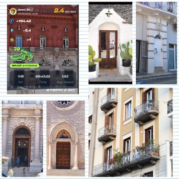 A collage showing a STEP'N game screenshot (2.4 energy, 110 steps, Common Sneaker) alongside architectural photos of ornate European buildings with balconies, arched doorways, and cacti.