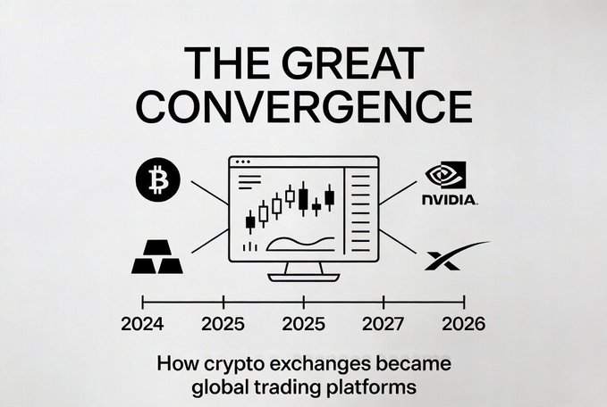 An infographic titled 'THE GREAT CONVERGENCE' with the subtitle 'How crypto exchanges became global trading platforms' shows logos for Bitcoin, NVIDIA, and others connected to a central monitor displaying a candlestick chart, above a timeline from 2024 to 2026.