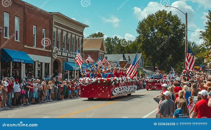 A patriotic parade proceeds down a town street with brick storefronts, featuring floats decorated in red, white, and blue with American flags as crowds of spectators watch from the sidewalks.