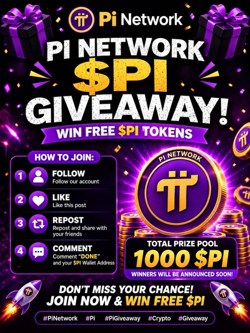 A promotional graphic for a "Pi Network $PI Giveaway" offering a 1000 $PI token prize pool, featuring instructions to follow, like, repost, and comment "DONE" with a Pi wallet address. The image complements the post by visually highlighting the giveaway details, prize amount, and joining steps in a vibrant purple and gold design with Pi Network coins and rockets.