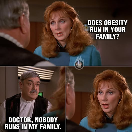Meme from the TV show 'Seinfeld' featuring a doctor asking 'Does obesity run in your family?' and the patient responding 'Doctor, nobody runs in my family.'