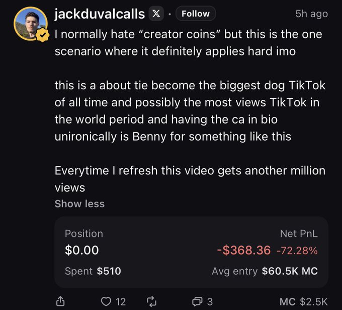 A screenshot of a post by Jack Duval (@jackduvalcalls) defending a creator coin associated with a trending TikTok video, showing trading stats of -$368.36 (-72.28%) loss on $510 spent, despite his caption arguing the viral nature of the content makes the token applicable. The image illustrates the creator's continued promotion of a coin that the accompanying post claims he has already rugged twice, highlighting the disconnect between his public advocacy and his actual trading performance.