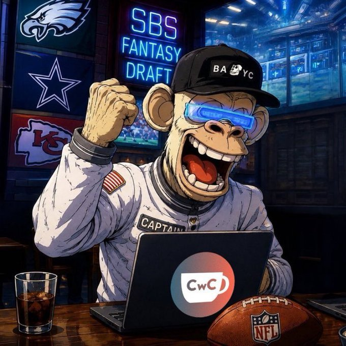 Digital artwork of an excited cartoon monkey wearing a 'BAYC' cap and futuristic glasses, cheering in front of a laptop displaying 'CWC' logo, with 'SBS FANTASY DRAFT' neon sign and NFL team logos (Eagles, Cowboys, Chiefs) in the background.