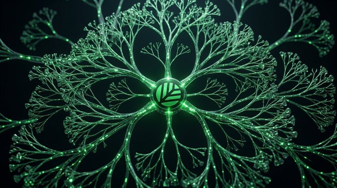Digital artwork of a glowing green, symmetrical fractal or neural network pattern radiating from a central emblem, resembling interconnected branches with glowing nodes.