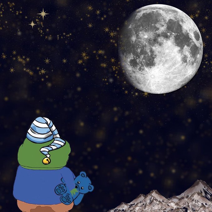 Digital illustration depicting a figure in a striped nightcap and green outfit holding a blue teddy bear, gazing up at a large detailed moon in a starry night sky above snow-capped mountains.