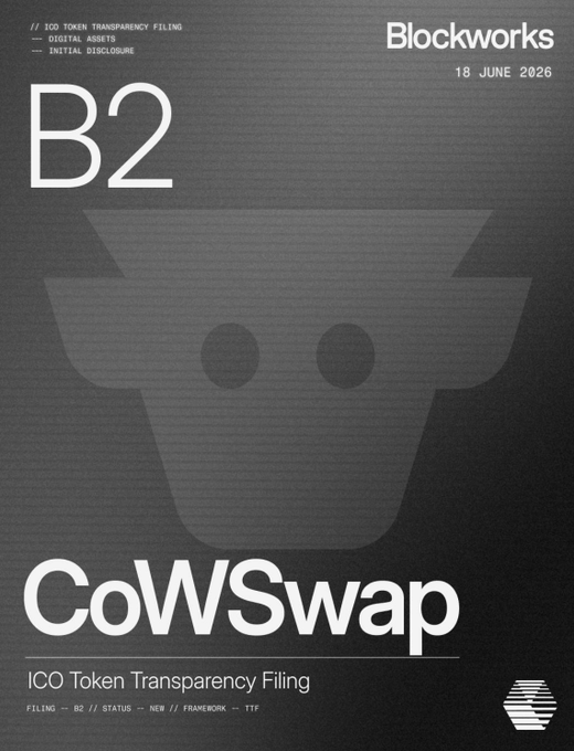 A Blockworks document dated 18 JUNE 2026 titled 'B2 CoWSwap ICO Token Transparency Filing' featuring digital assets initial disclosure.
