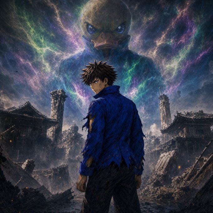 An anime-style illustration shows a character in a tattered blue cloak standing in ruins beneath a massive, ominous figure with a beak-like face set against a colorful, cloudy sky.