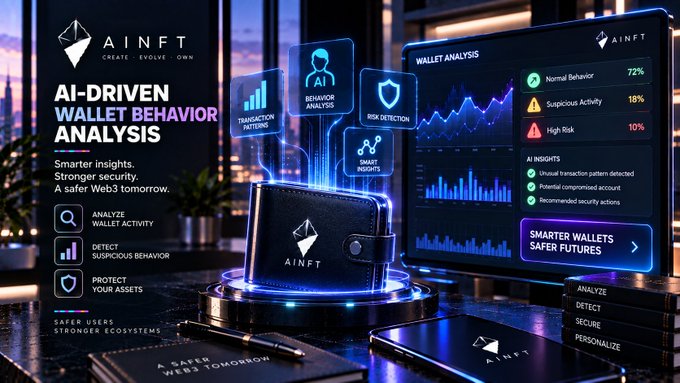 Promotional banner for AINFT advertising 'AI-Driven Wallet Behavior Analysis' with features like Transaction Patterns, Behavior Analysis, Risk Detection, and Smart Insights, featuring a black wallet and a digital analysis dashboard.