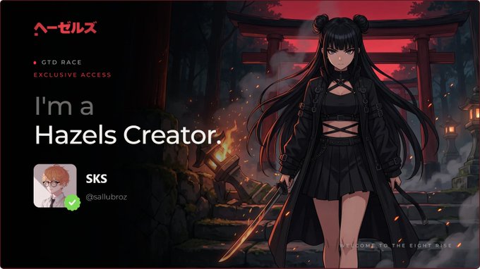 A digital illustration depicts a black-haired anime-style female character in gothic attire standing before a glowing red torii gate, with text promoting "I'm a Hazels Creator" alongside the profile of creator "SKS (@sallubroz)" featuring a GTD Race exclusive access badge and the Japanese text "ヘーゼルズ" (Hazels), visually representing the platform's creator program mentioned in the post.