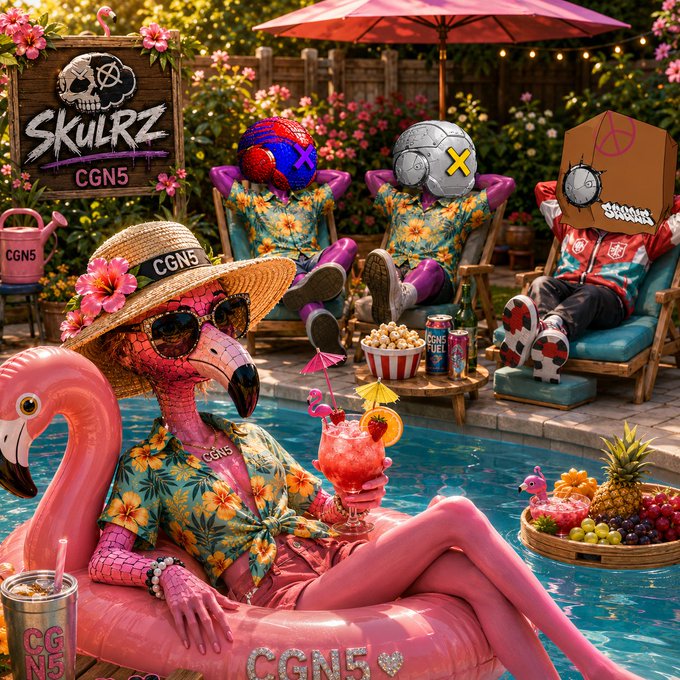 A vibrant, stylized promotional image for 'SKULRZ CGN5' featuring colorful skeleton and skull-headed characters in tropical/Hawaiian attire relaxing by a pool with a flamingo float.
