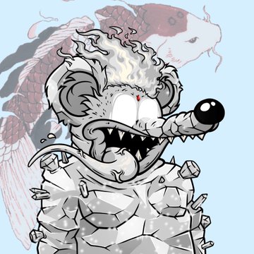 A grayscale illustration of an anthropomorphic mouse with wide eyes and sharp teeth, emerging from a cracked egg with a red serpent-like creature coiled around it in the background.