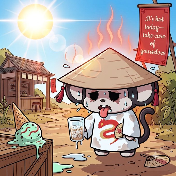 A cartoon cat character wearing a conical straw hat and traditional dragon-print robe melts from the heat under a blazing sun, dripping sweat while holding a glass of ice. A melting ice cream cone sits abandoned nearby, and a red banner reads "It's hot today—take care of yourselves," perfectly illustrating the post's humorous message about staying cool and hydrated in the summer heat.