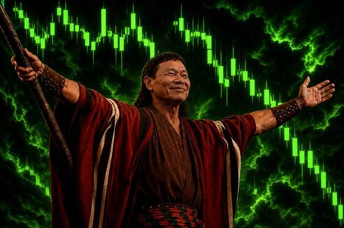 A man in red robes triumphantly raises a staff with outstretched arms against a backdrop of green lightning and a rising candlestick chart, symbolizing the degen victory as their portfolio finally pumps.

The image embodies the post's narrative of "Bushman's" triumphant return and the degens' hard-earned hodl victory, with the rising green candles and triumphant pose perfectly capturing the moment their patience finally paid off.
