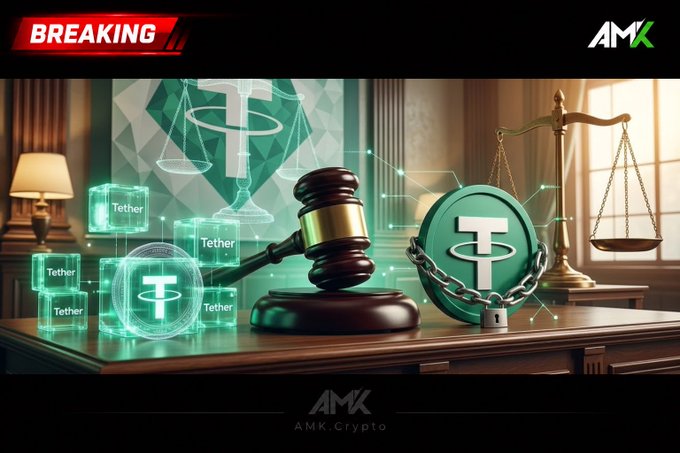 A news graphic from AMK.Crypto with a 'BREAKING' banner shows Tether cryptocurrency imagery, including a gavel, scales of justice, and the Tether logo.