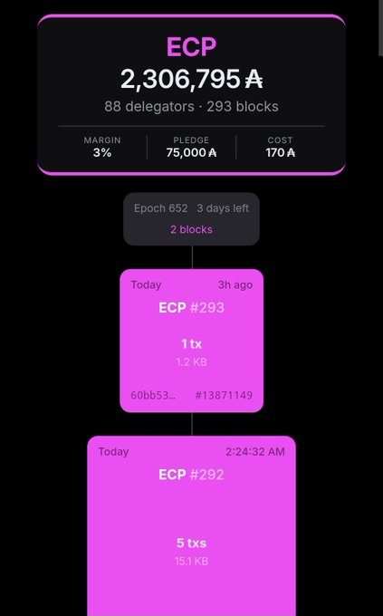 A blockchain dashboard showing an ECP account with 2,306,795 A, 88 delegators, and 293 blocks, including details like 3% margin, 75,000 A pledge, and 170 A cost, with recent ECP blocks #293 and #292 listed below.