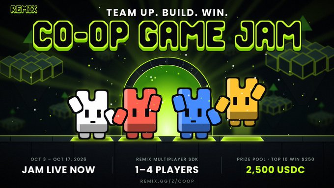 A promotional banner for a Remix 'Co-Op Game Jam' running Oct 3 – Oct 17, 2026, supporting 1-4 players using the Remix Multiplayer SDK, with a top prize of $250 from a $2,500 USDC prize pool.