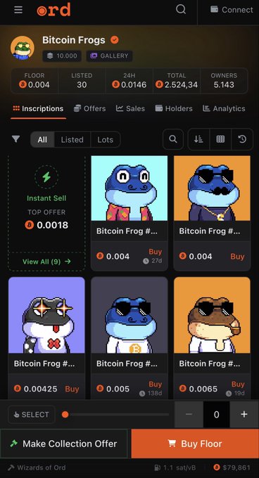 A screenshot of an NFT marketplace on Ordinals showing the 'Bitcoin Frogs' collection, displaying a floor price of 0.004 BTC, 30 listed, and 24h volume of 0.0146 BTC, with pixel-art frog NFTs available for purchase.